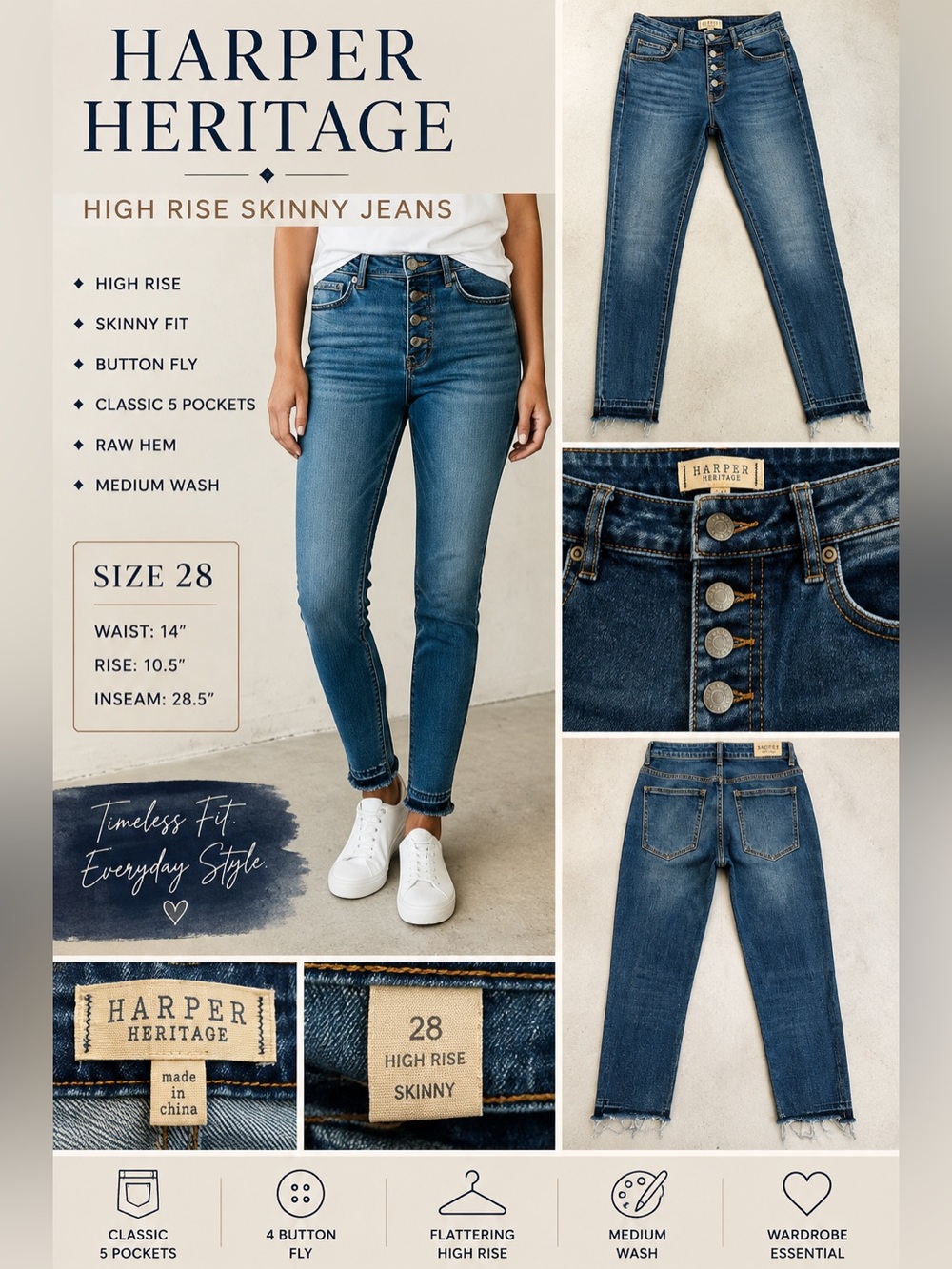Harper Heritage High Rise Skinny Jeans Women’s 28 Button Fly Raw Hem Medium Wash